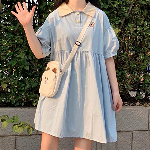 Rpaio Vestido de Lolita Streetwear Vestido de Camisa Mujeres de Manga Corta Kawaii Kawaii Dulces Midi Vestidos Holiday Chic A-Line Popular Flojo Solapa Soft Japonés (Color : Blue, Size : Small)
