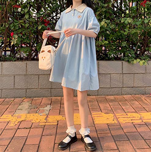 Rpaio Vestido de Lolita Streetwear Vestido de Camisa Mujeres de Manga Corta Kawaii Kawaii Dulces Midi Vestidos Holiday Chic A-Line Popular Flojo Solapa Soft Japonés (Color : Blue, Size : Small)