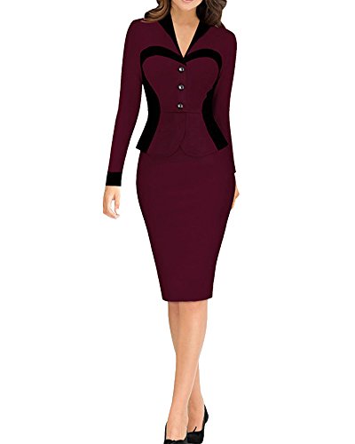SaiDeng Mujeres Verano A-Line Elegante Vestido OL Partido Vestido Profesional Vestido Una-Pieza Vino Rojo L