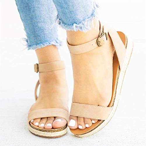 Sandalias Mujer Verano 2019 Tiras Mujer Hebilla Trenzada Sandalias Zapatos Romanos Sandalias Tacones Altos Zapatillas Zapatos Chanclas Tacon(Beige,35)