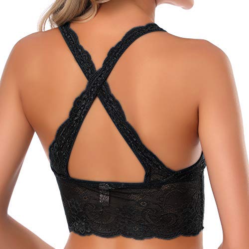 SHEKINI Sujetador Bralette Blonda Estilo Top Triangular de Encaje Crochet Lace sin Aro con Relleno Extraíble y Tirantes Cruzados no Ajustables sin Cierre para Mujer (Negro, S)