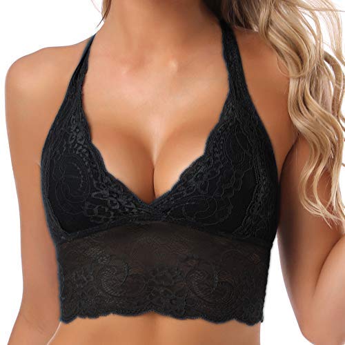 SHEKINI Sujetador Bralette Blonda Estilo Top Triangular de Encaje Crochet Lace sin Aro con Relleno Extraíble y Tirantes Cruzados no Ajustables sin Cierre para Mujer (Negro, S)