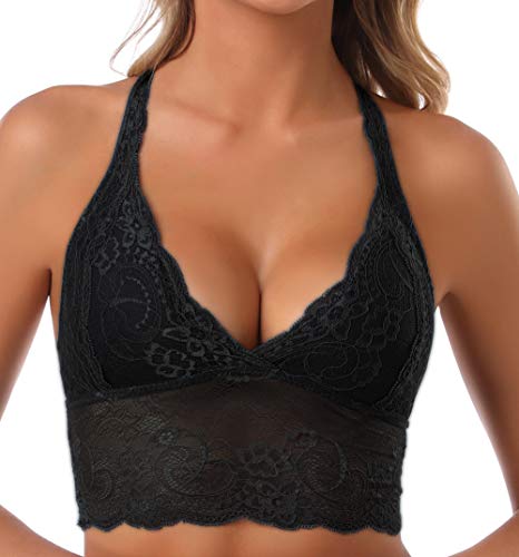 SHEKINI Sujetador Bralette Blonda Estilo Top Triangular de Encaje Crochet Lace sin Aro con Relleno Extraíble y Tirantes Cruzados no Ajustables sin Cierre para Mujer (Negro, S)