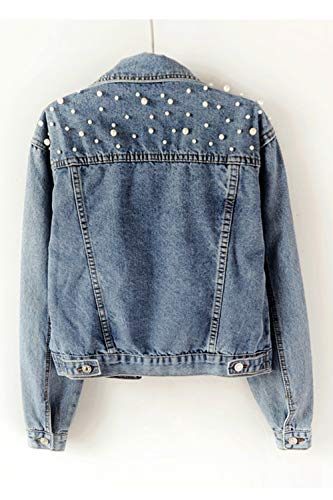 Simgahuva Chaqueta De Mezclilla De Manga Larga con Perlas Sueltas Casual para Mujer Azul M