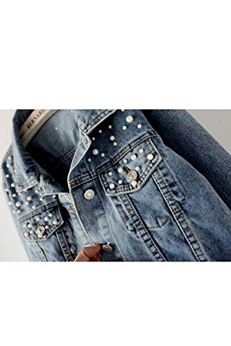 Simgahuva Chaqueta De Mezclilla De Manga Larga con Perlas Sueltas Casual para Mujer Azul M