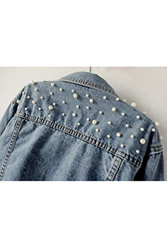 Simgahuva Chaqueta De Mezclilla De Manga Larga con Perlas Sueltas Casual para Mujer Azul M