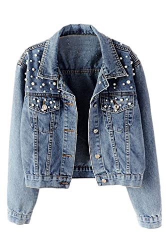 Simgahuva Chaqueta De Mezclilla De Manga Larga con Perlas Sueltas Casual para Mujer Azul M