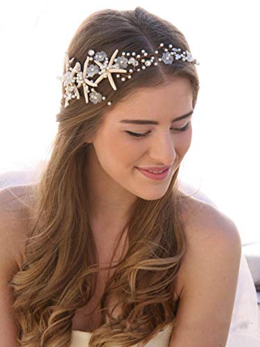 Simsly FS-240 - Diadema con estrellas de mar y pedrería para novia, plateada
