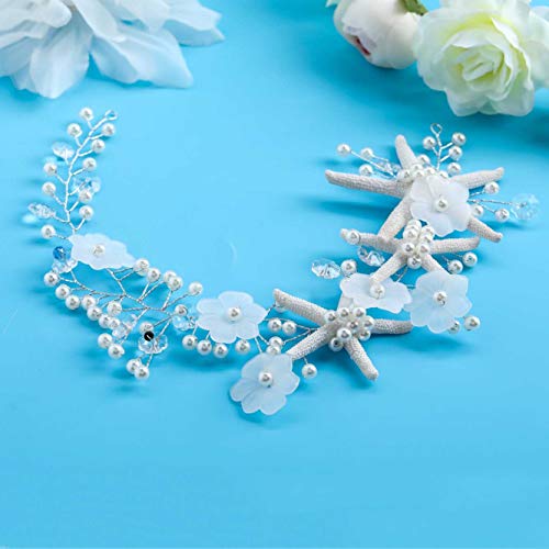 Simsly FS-240 - Diadema con estrellas de mar y pedrería para novia, plateada
