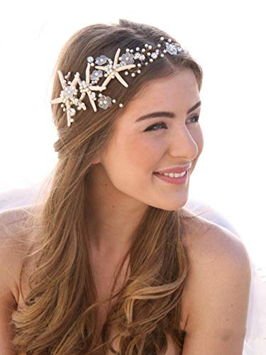 Simsly FS-240 - Diadema con estrellas de mar y pedrería para novia, plateada