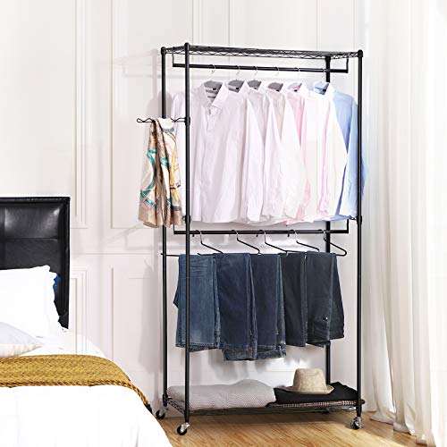 SONGMICS Armario Enrollable, Perchero Metálico, con 2 Barras de Colgar, 2 Estantes Ajustables, 90 x 45 x 200 cm, Negro LGR60P