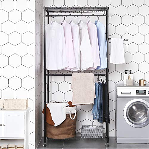 SONGMICS Armario Enrollable, Perchero Metálico, con 2 Barras de Colgar, 2 Estantes Ajustables, 90 x 45 x 200 cm, Negro LGR60P