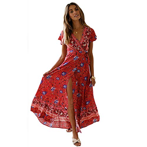 StarLifey Vestido Largo de Manga Corta con Cuello en V para Mujer, con Estampado Floral y Cuello Bohemio, para la Boda en la Playa