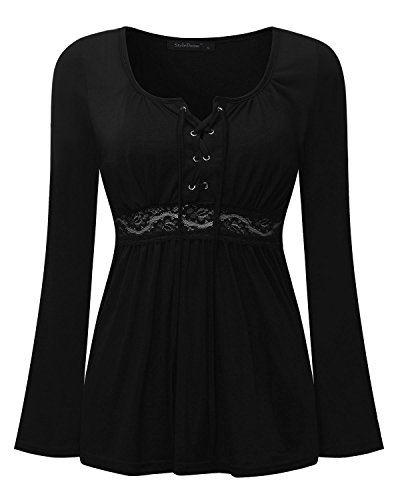 Style Dome Camisetas de Manga Larga Mujer Sexy con Cuello V Encaje Blusa Camisas De Hombro Frío Blusas Top Mujer Fiesta 001-negro 4578 4XL