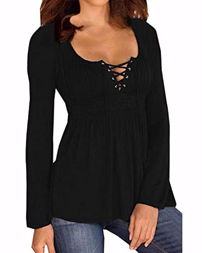 Style Dome Camisetas de Manga Larga Mujer Sexy con Cuello V Encaje Blusa Camisas De Hombro Frío Blusas Top Mujer Fiesta 001-negro 4578 4XL