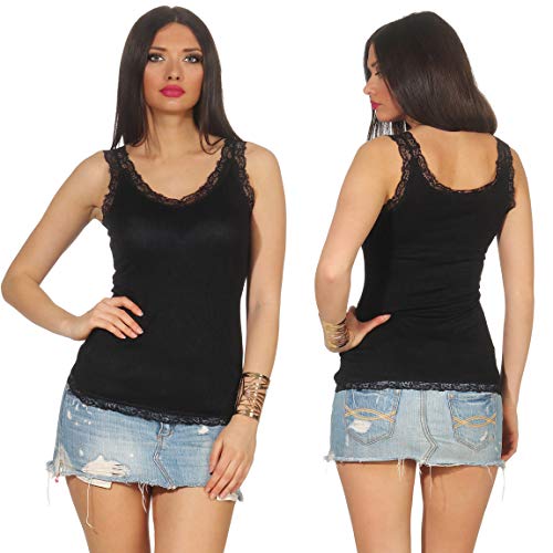 StyleLightOne - Camiseta fina con tirantes y encaje para mujer, sexi y elástica (tallas 36-42) Negro 38
