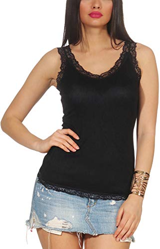 StyleLightOne - Camiseta fina con tirantes y encaje para mujer, sexi y elástica (tallas 36-42) Negro 38