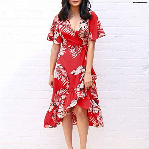 Sulifor Vestido de Manga Corta con Estampado,Vestido de Volantes en Forma,Vestido de Boho para Mujer,Vestido de Verano de la Playa