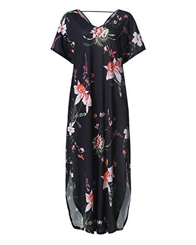 SUNNYME Vestido maxi para mujer a rayas con estampado floral de manga larga casual suelto con bolsillos para vestido