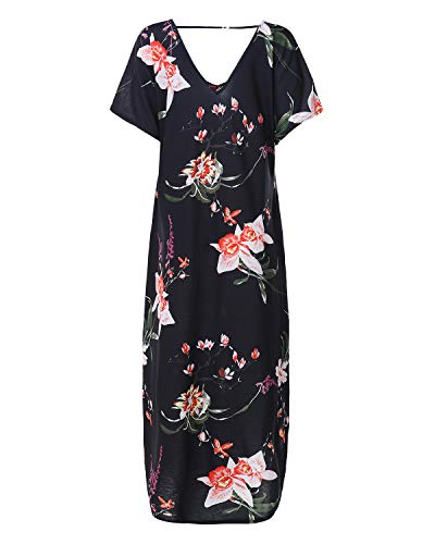 SUNNYME Vestido maxi para mujer a rayas con estampado floral de manga larga casual suelto con bolsillos para vestido