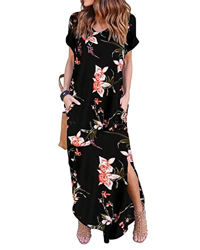 SUNNYME Vestido maxi para mujer a rayas con estampado floral de manga larga casual suelto con bolsillos para vestido