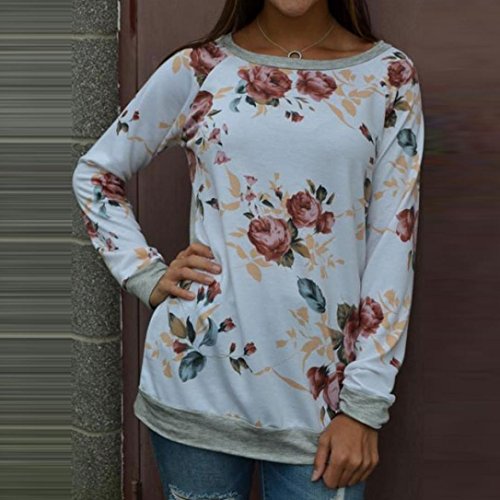 Switchali Blusas de Mujer Invierno Ropa de Mujer en Oferta otoño Camisetas Manga Larga Mujer Deporte de Moda 2017 Elegantes Sudaderas Mujer Baratas Floral Casual Sudadera sin Capucha (Medium, Blanco)