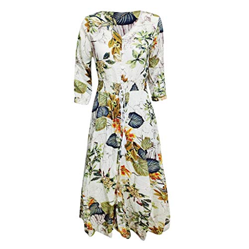 Sylar Mujer Vestido Fiesta Largo Manga Corta Vestidos Bohemia Vintage De Verano Las Mujeres Vestidos Media Manga con Cuello En V Profundo 3/4 Vestidos De Fiesta Largos De Noche Estampado Floral
