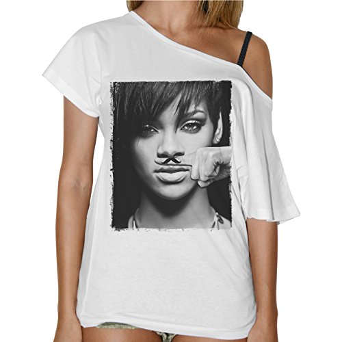 thedifferent Rihanna - Camiseta de mujer con cuello de barco y dedo, bigote, Mustache Funny – blanco blanco S