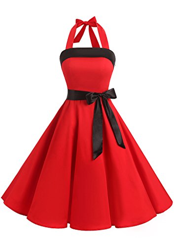 Timormode 10212 Vestido De Vintage 50s Cuello Halter Elegante Mujer Rojo XS