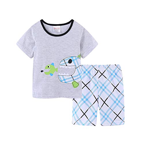 Treer Pijamas de Manga Corta para Niños, Algodón Camiseta de Dibujos Dibujos Animados Tops+ Pantalones de bebé Pijamas Dos Piezas Verano Suave Ropa (90cm,Pez pequeño)