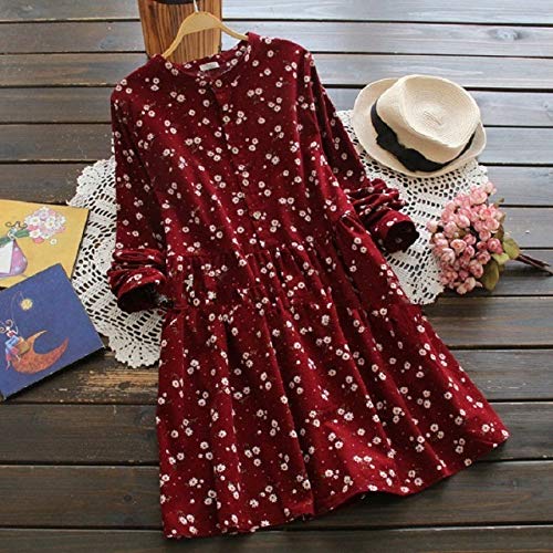 TSP Mini vestido de mujer japonesa Mori con cuello alto, estampado floral, casual, suelto, manga completa, vestidos cortos y encantadores (color: rojo vino, tamaño: M)