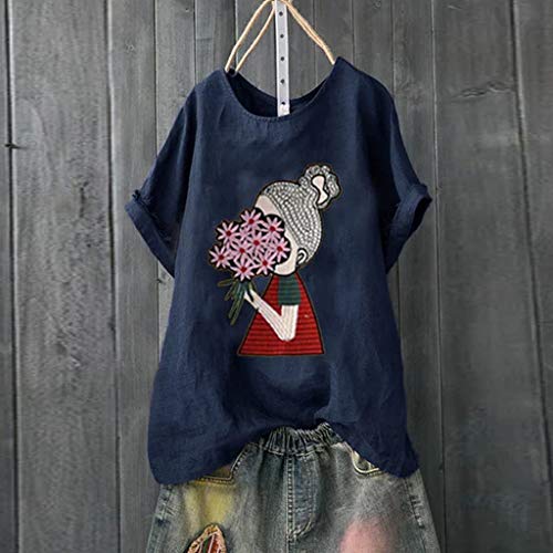TUDUZ Blusas Mujer Manga Corta Verano Camisas Camiseta de Algodón y Lino con Estampado de Dibujos Animados (Armada.b, XXXL)