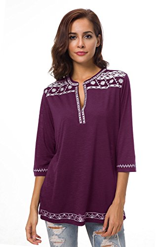 Urban GoCo Mujer Camisas Manga 3/4 Boho Blusa Bordado T-Shirt Tops (Large, UVA Morado)