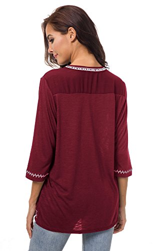 Urban GoCo Mujer Camisas Manga 3/4 Boho Blusa Bordado T-Shirt Tops (Large, Vino Rojo)