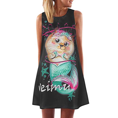 URIBAKY Vestido Mujeres Casual O Cuello Sin Mangas Vestidos De Fiesta Mujeres Mini Vestidos De Moda Adolescentes Estampado De Dibujos Animados Falda Recta Diaria