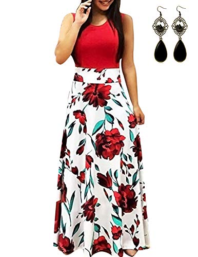 UUAISSO Mujer Vestido Fiesta Largo Manga Larga Floral Print Casual Verano Maxi Vestidos Playa Vacaciones L-Rojo-Sin Mangas XL