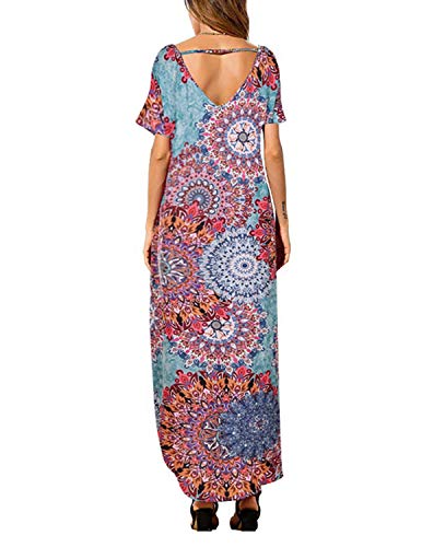UUAISSO Vestidos Mujer Maxi Vestido Mangas Cortas Boho Verano Playa Vestidos Cóctel Fiesta, Azul Pavo Real 2XL