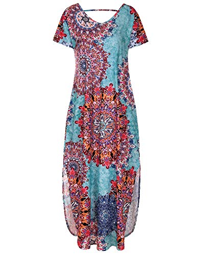 UUAISSO Vestidos Mujer Maxi Vestido Mangas Cortas Boho Verano Playa Vestidos Cóctel Fiesta, Azul Pavo Real 2XL