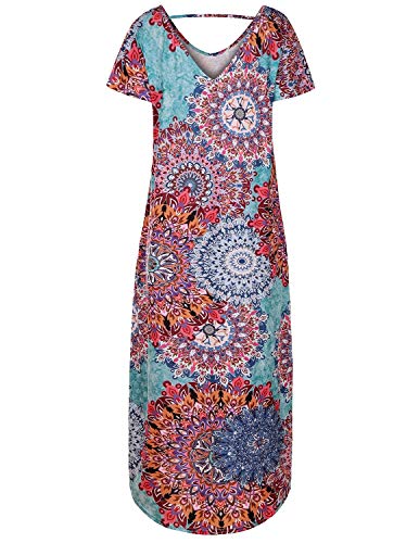 UUAISSO Vestidos Mujer Maxi Vestido Mangas Cortas Boho Verano Playa Vestidos Cóctel Fiesta, Azul Pavo Real 2XL
