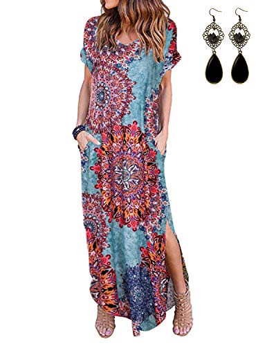 UUAISSO Vestidos Mujer Maxi Vestido Mangas Cortas Boho Verano Playa Vestidos Cóctel Fiesta, Azul Pavo Real 2XL