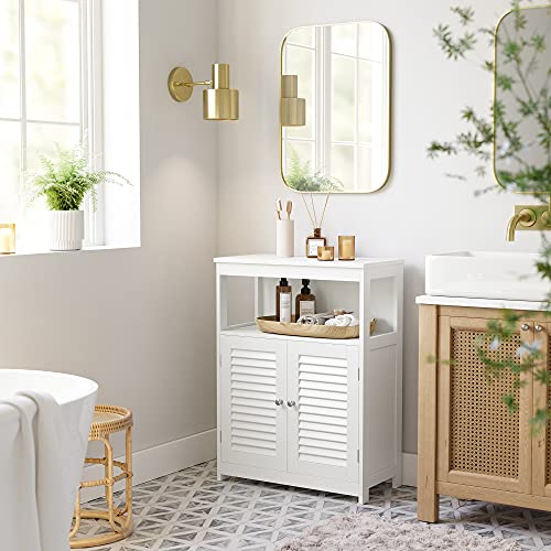 VASAGLE Mueble de Baño Auxiliar, Armario para Baño, Organizador con 2 Puertas de Persianas para Baño, Cocina, Dormitorio, Salón, Blanco, BBC40WT