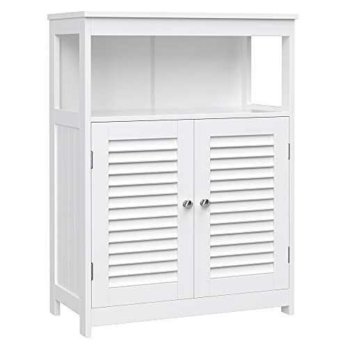 VASAGLE Mueble de Baño Auxiliar, Armario para Baño, Organizador con 2 Puertas de Persianas para Baño, Cocina, Dormitorio, Salón, Blanco, BBC40WT