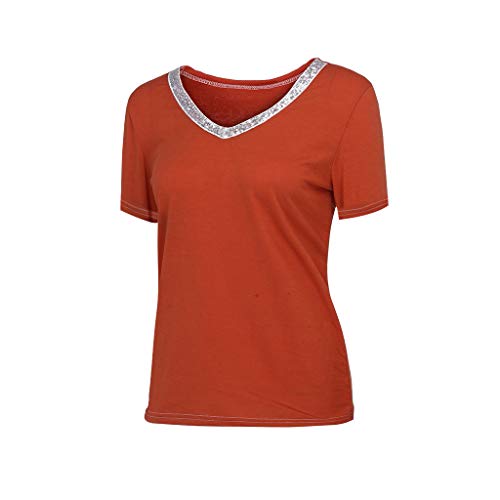 VEMOW Camisetas Moda Mujer Casual Lentejuelas de Manga Corta con Cuello en v Tops Blusa Casual Camiseta(Rojo,S)