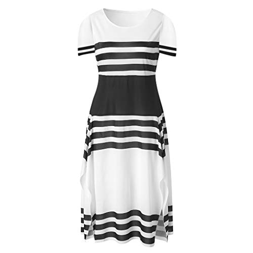 VEMOW Faldas de Las Mujeres Las Mujeres Vestido Blusas de la Manga de la Raya Vestido Ocasional Las Mujeres Cuello Redondo Vestido Midi Vestidos de Fiesta(Blanco,XL)