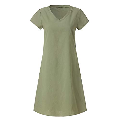 Vestido de Lino de Verano de Las Mujer Cuello Redondo de Color sólido Simple de Gran tamaño y Manga Corta Vestir Blusa Tops Casual Sudadera Primavera Otoño Elegantes Familia Vestidos riou