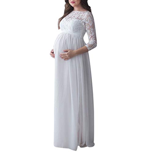 Vestido de Maternidad Mujeres Encaje Fiesta Largos Boda Vestido Embarazada Larga Faldas Fotográficas de Maternidad Apoyos de Fotografía Vestidos de Cóctel STRIR (XL, Blanco)