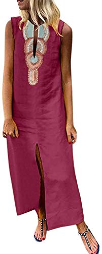 Vestido De Verano Caftán Largo Lino Ranura con Vestidos Tamaños Cómodos De Playa De Mujer E Es Sin Mangas E E De Mujer del Vestido Ibiza Hippie V Escote (Color : Wein Rot, One Size : S)