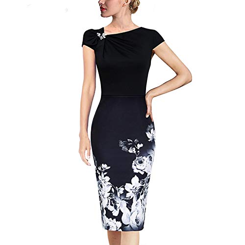 Vestido floral sólido plisado con cuello asimétrico de manga 3/4 para trabajo, oficina, negocios, fiesta, vestido de vaina 18333 -  Rosa -  Medium