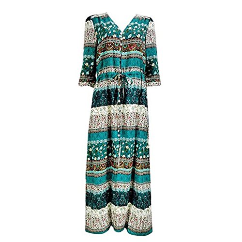 Vestido largo floral de mujer Butterme Vintage con cuello en v. Bohemia Boho Side. Vestido con cuello alto Manga larga. Maxi Vestido para playa verde verde medium