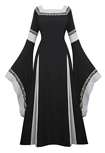 Vestido Medieval Renacimiento Mujer Vintage Victoriano gotico con Manga Larga de Llamarada Disfraz Princesa Negro M